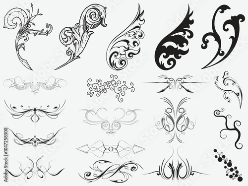 vintage ornament set.Vector art deco floral ornaments elements, ornamental curls, swirls.