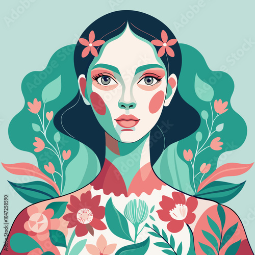 Elegant woman with floral patterns painted on her face, in a soft, pastel color palette