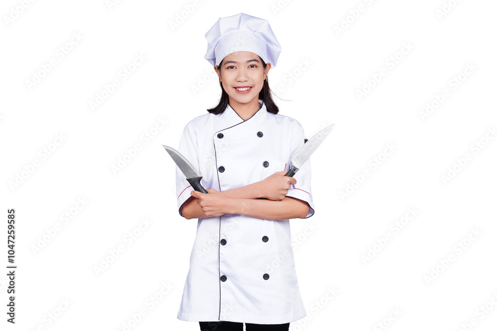 Asian woman chef in uniform holding kitchen utensils isolated transparent Asian woman chef in uniform holding kitchen utensils isolated transparent