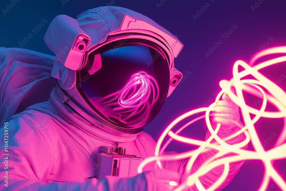 An astronaut looking at neon pink cables