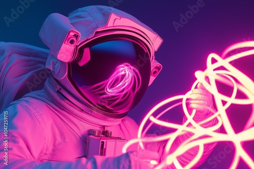 Obraz na płótnie An astronaut looking at neon pink cables w salonie