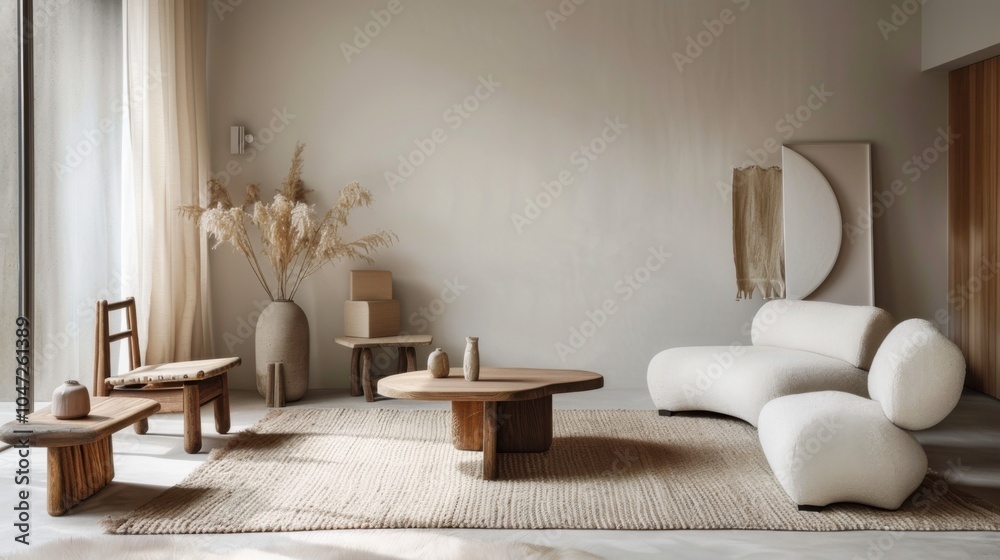A serene and tranquil lounge area featuring a minimalist white canvas background, Accentuating the beauty of simplicity with meticulously arranged furnishings