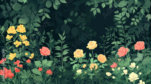 A garden filled with blooming old garden roses in different growth stages, illustration art photo