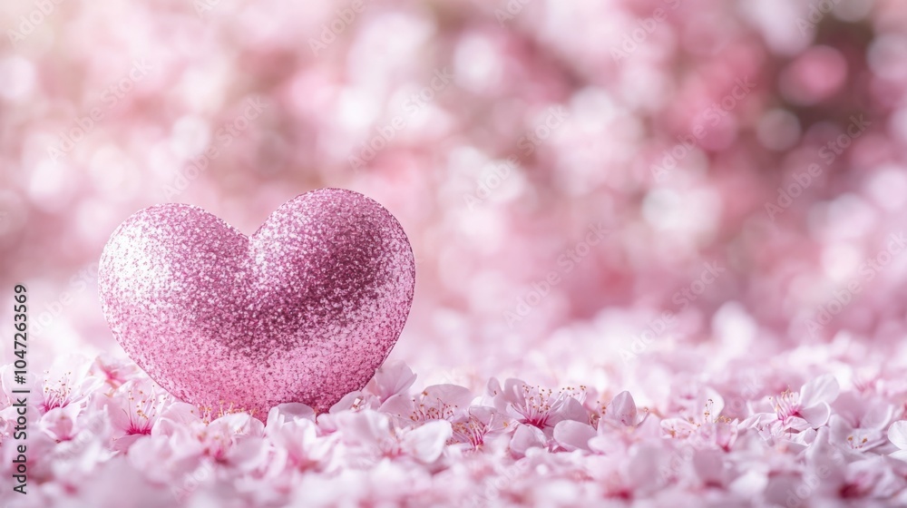 Fototapeta premium Pink Glitter Heart Among Cherry Blossom Petals