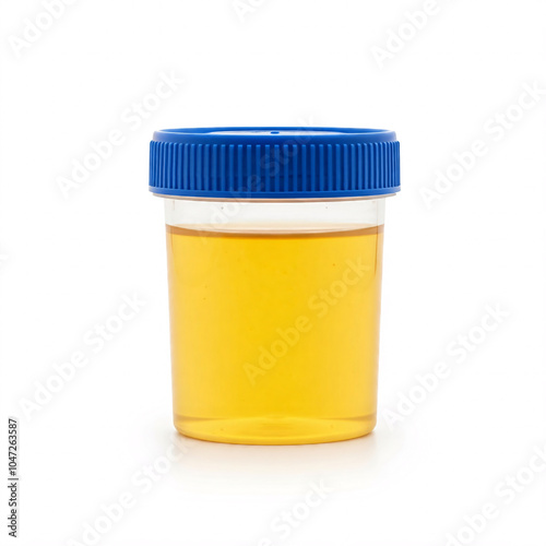 urine sample container with yellow liquid on white background