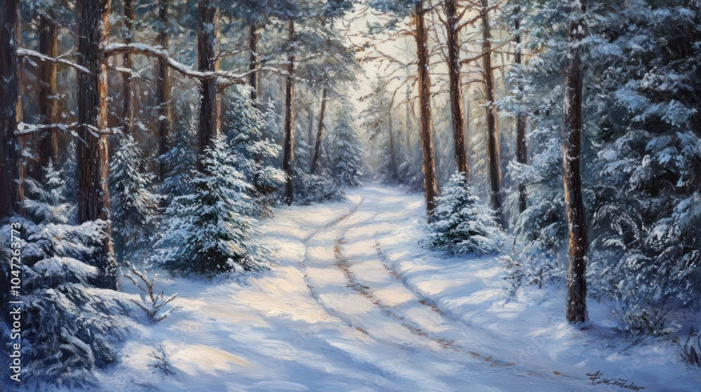 Frosted forest pathway winding through dense snowy pines, soft wintery light illuminating the snow.
