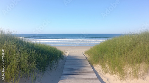 Wooden boardwalk leading to a sandy beach, gentle waves in the background under a clear sky