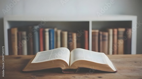 Open book and tidy bookshelf against a clean white wall, sunlight bringing warmth to the scene.