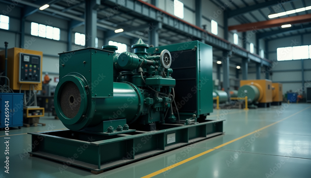 Fototapeta premium Machine room with a large powerful generator in the center, electricity production