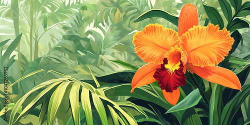 A view of a Cattleya orchid blooming in a tropical garden, illustration art