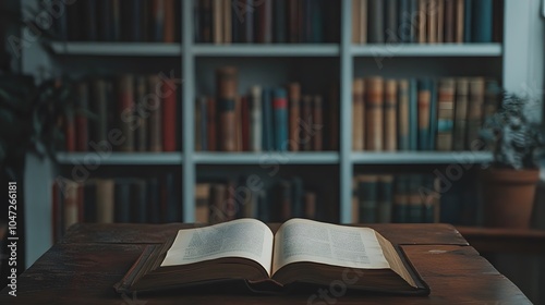 A wooden table with an open book; behind, a well-stocked bookshelf under warm, natural light.