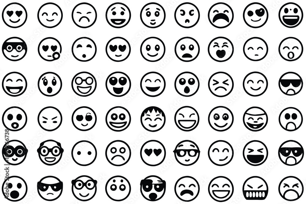 60 unique emoticons in a colorful grid layout on white background for social media and app designs 60 unique emoticons in a colorful grid layout on white background for social media and app designs