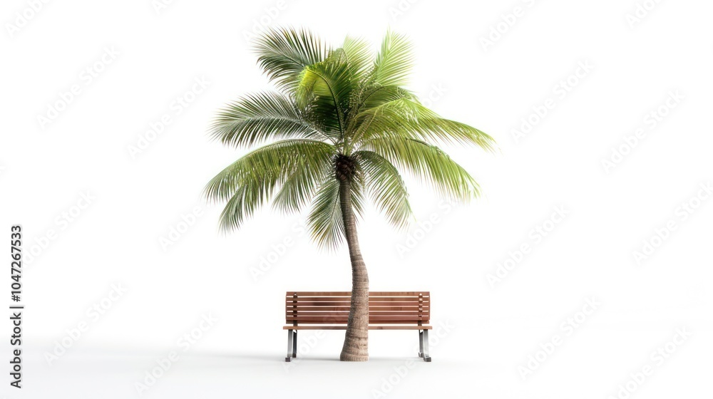 Fototapeta premium A solitary palm tree stands tall next to a wooden bench on a white background.