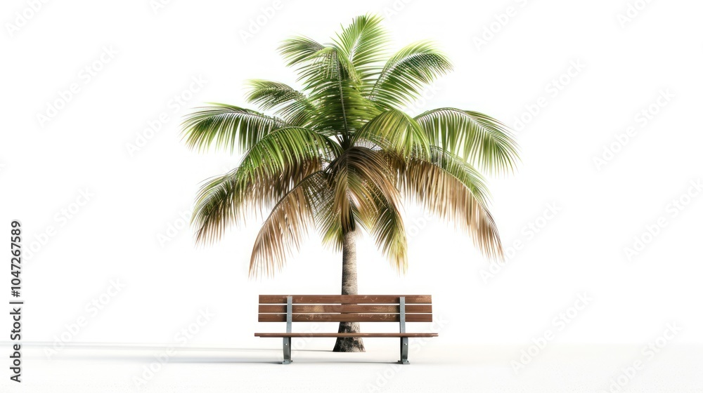 Fototapeta premium A solitary wooden bench beneath a lush palm tree