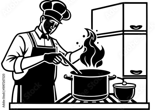 silhouette of a chef stirring a large pot vector black