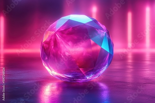 A vibrant, multifaceted crystal orb reflecting colorful lights in a futuristic setting.