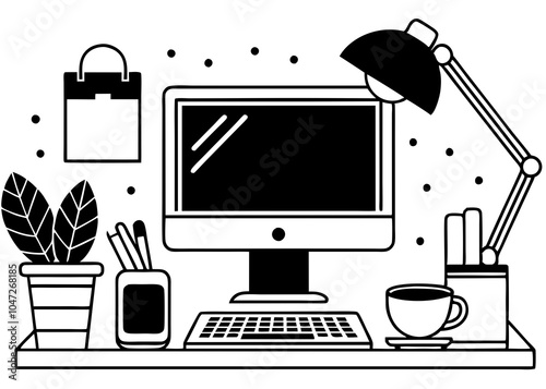 home office desk setup vector with a computer silhouette 