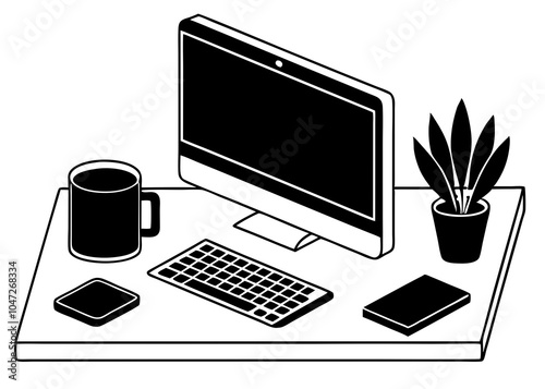 home office desk setup vector with a computer silhouette 