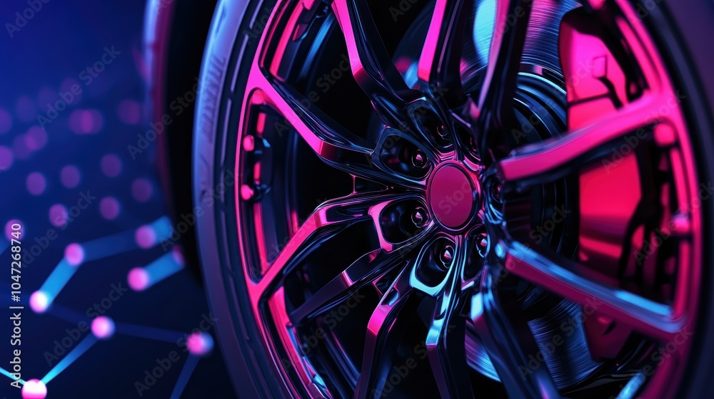 A close-up view of a stylish car wheel with vibrant lights against a dark, abstract background. A close-up view of a stylish car wheel with vibrant lights against a dark, abstract background.
