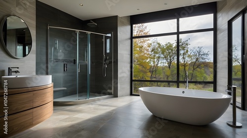 Modern Luxury Bathroom with Freestanding Tub and Contemporary Dark Tile Design