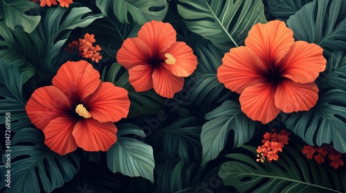 A vibrant illustration of hibiscus flowers surrounded by lush green leaves.