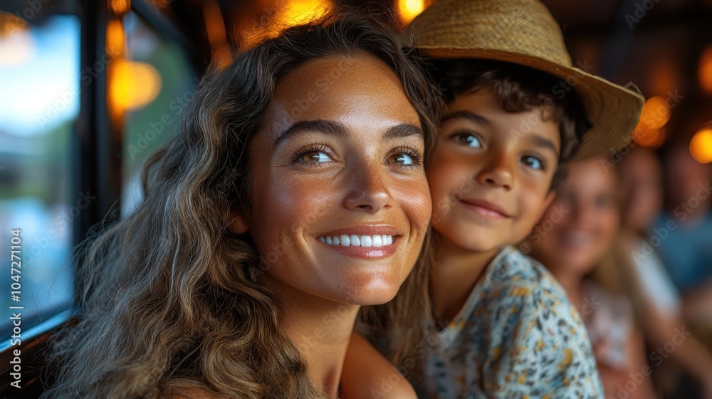 A joyful woman and child smiling together in a warm, inviting setting. A joyful woman and child smiling together in a warm, inviting setting.