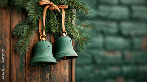 Green Christmas bells with pine branch decoration