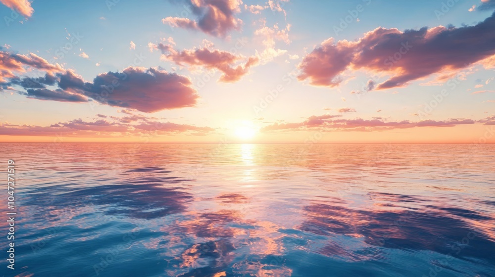 Obraz premium A sunset over a calm ocean, with perfectly mirrored reflections, symbolizing balance and mental peace,