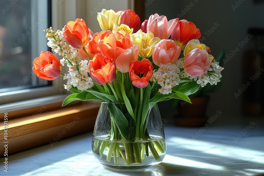 A vibrant bouquet of tulips and flowers in a glass vase by a sunlit window. A vibrant bouquet of tulips and flowers in a glass vase by a sunlit window.