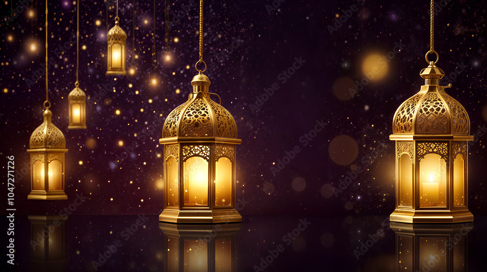 Obraz premium Ornamental Arabic lantern with burning candle glowing at night and glittering golden bokeh lights. Festive greeting card, invitation for Muslim holy month Ramadan Kareem