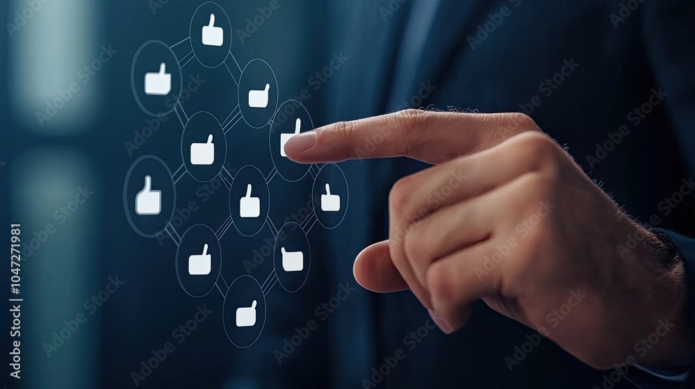 A businessperson interacts with digital thumbs-up icons, symbolizing engagement and approval in a modern, tech-driven environment. A businessperson interacts with digital thumbs-up icons, symbolizing engagement and approval in a modern, tech-driven environment.