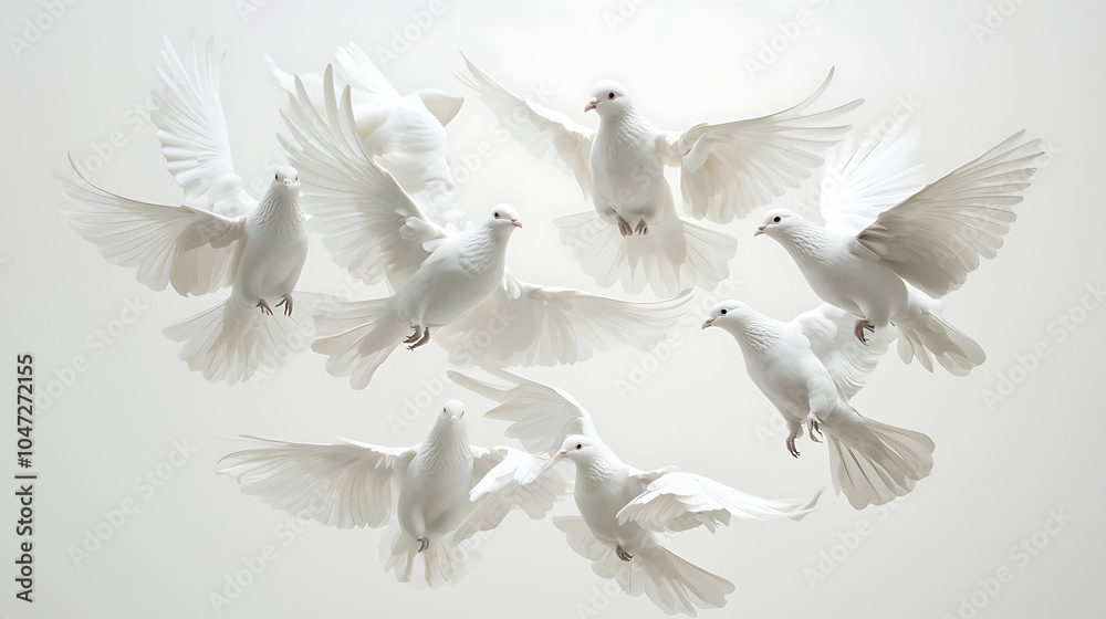 Obraz premium Graceful white doves in mid-flight formation