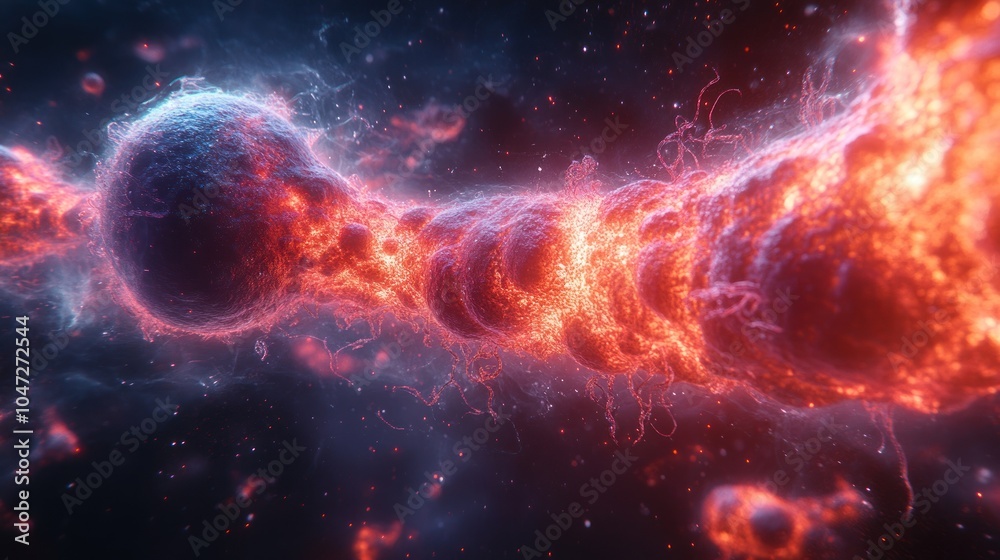 A vibrant cosmic scene depicting interconnected spheres of energy in a nebula-like space. A vibrant cosmic scene depicting interconnected spheres of energy in a nebula-like space.