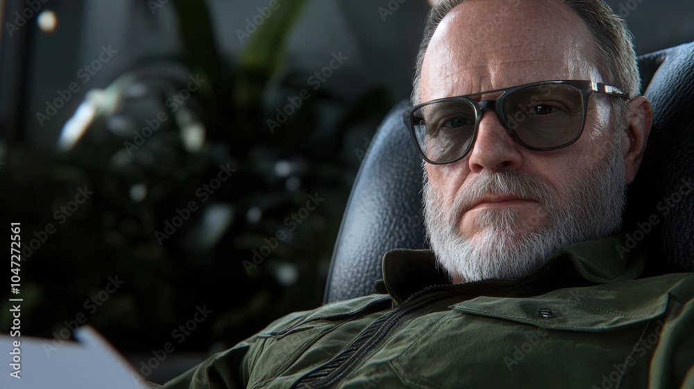Serious Man in Glasses Reading Document in Interior Setting Serious Man in Glasses Reading Document in Interior Setting