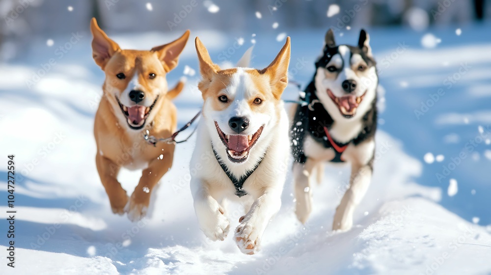 Three energetic dogs race through the snow on a bright winter day, expressing joy and playfulness in an outdoor snowy setting. Three energetic dogs race through the snow on a bright winter day, expressing joy and playfulness in an outdoor snowy setting.