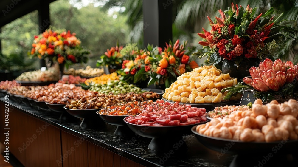 A vibrant display of assorted fruits and floral arrangements at a festive gathering.