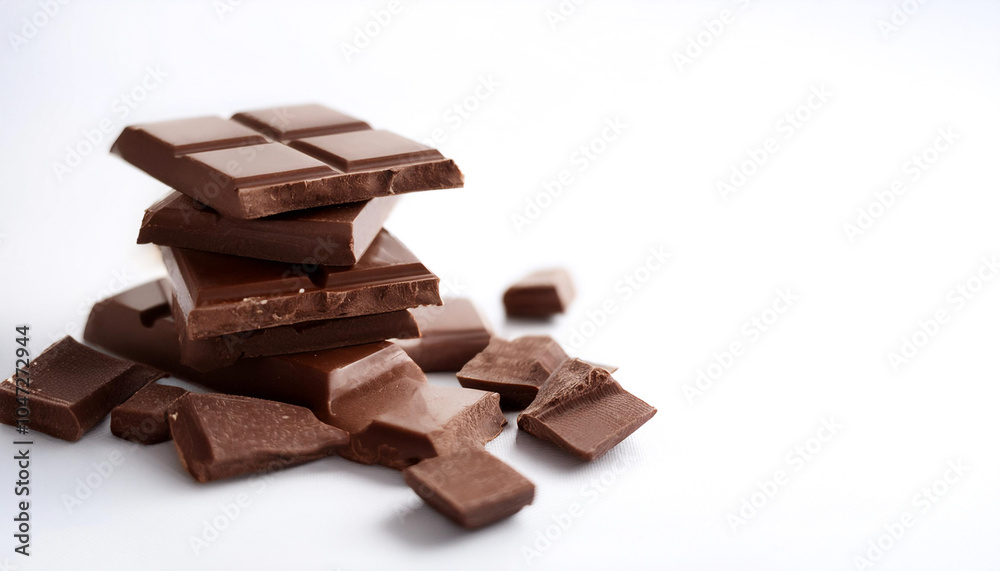 Dark chocolate on side position provides copy space for text. background concept isolated white Dark chocolate on side position provides copy space for text. background concept isolated white