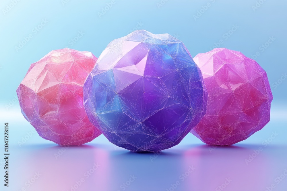 Three geometric spheres in pink and purple hues, showcasing a modern, abstract design. Three geometric spheres in pink and purple hues, showcasing a modern, abstract design.