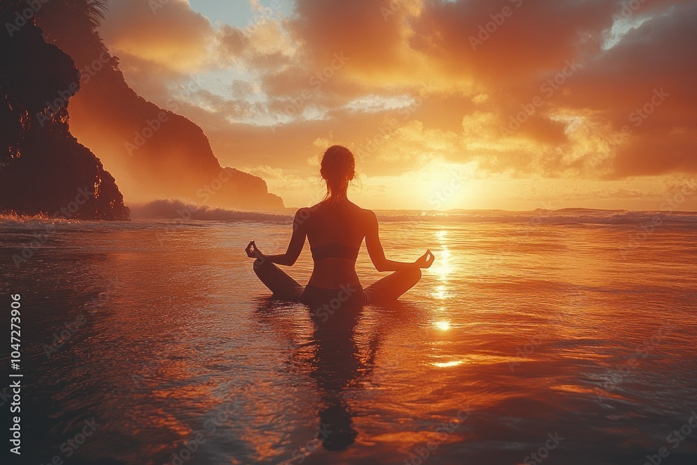 A serene silhouette meditates in the ocean at sunset, embodying peace and tranquility. A serene silhouette meditates in the ocean at sunset, embodying peace and tranquility.