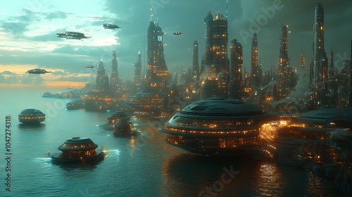Futuristic cityscape with glowing lights, floating buildings, and flying vehicles over a calm sea at sunset.