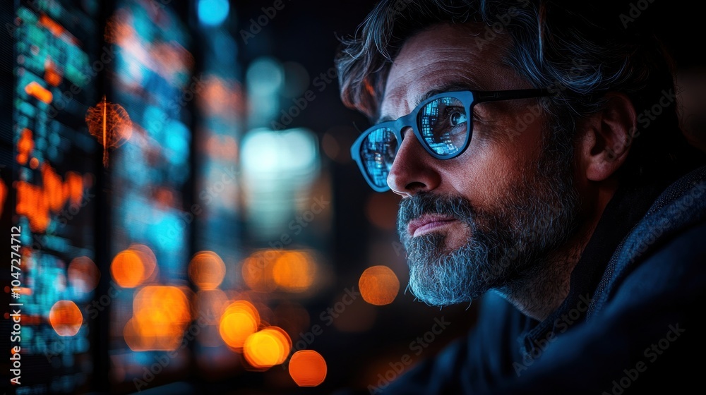 A focused individual analyzing data on a screen in a dimly lit environment. A focused individual analyzing data on a screen in a dimly lit environment.