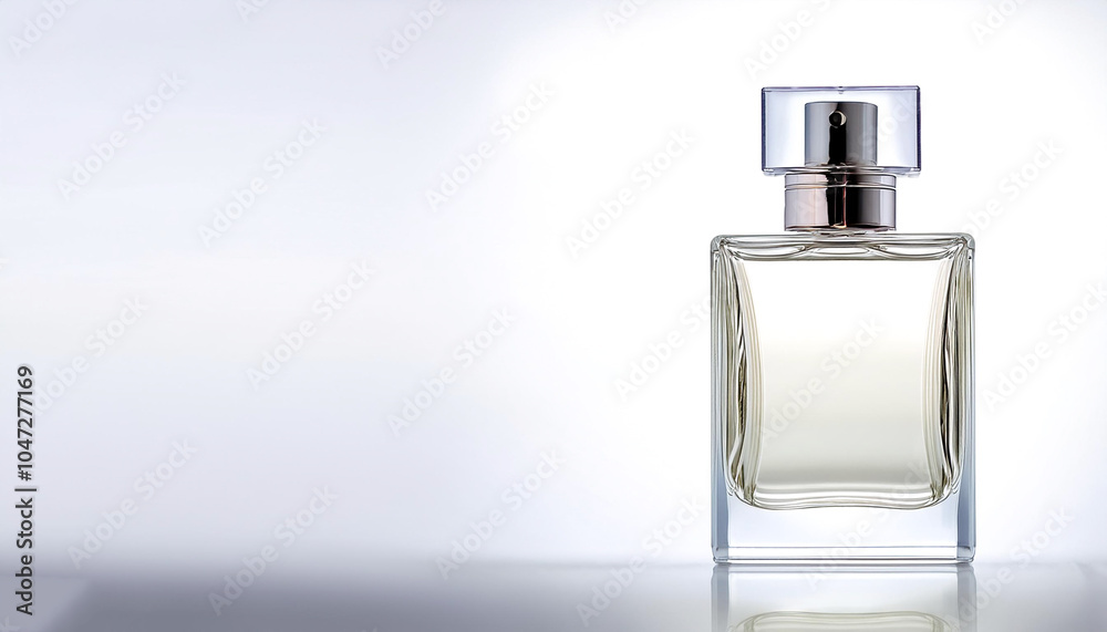 Elegant perfume bottle on side position provides copy space for text. background concept isolated white