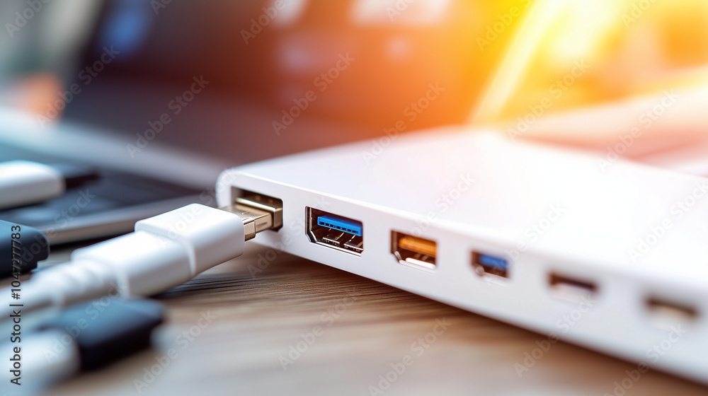 Sleek USB hub with multiple ports connected to various devices, showcasing modern design and functionality in a tech-focused setup. Sleek USB hub with multiple ports connected to various devices, showcasing modern design and functionality in a tech-focused setup.
