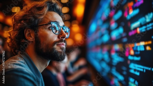 A focused individual observes data on a screen in a modern, tech-inspired environment.