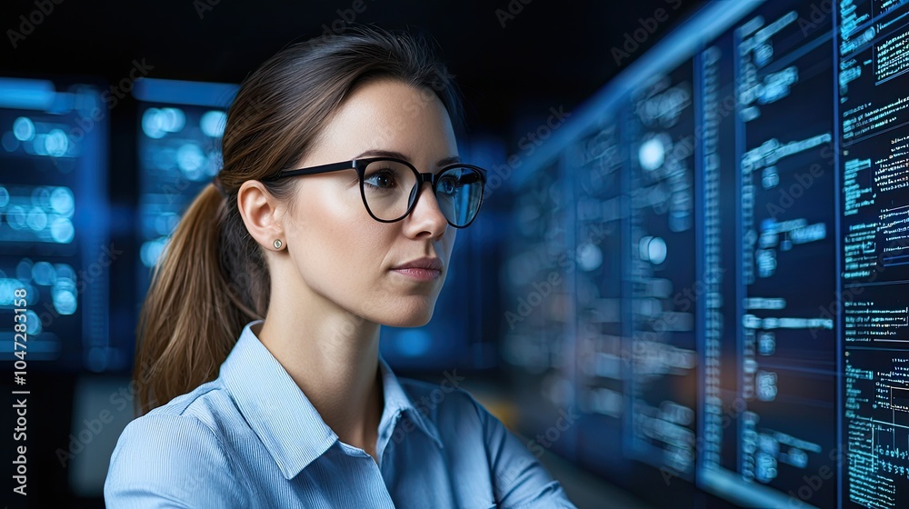 A focused woman analyzes data on multiple screens, showcasing technology and analytical skills in a high-tech environment. A focused woman analyzes data on multiple screens, showcasing technology and analytical skills in a high-tech environment.
