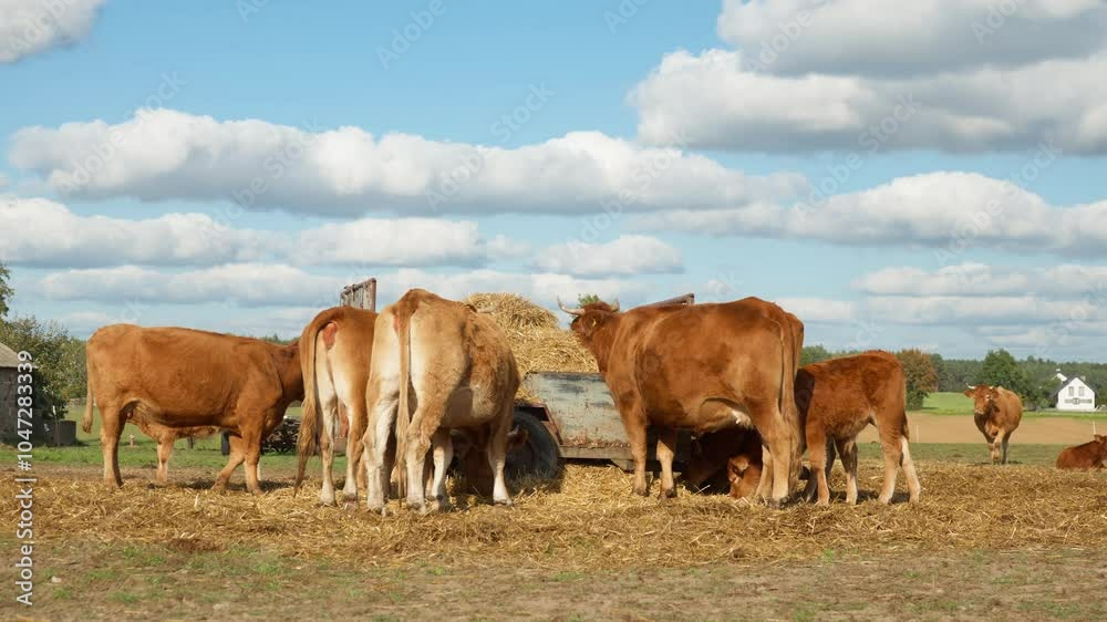 A herd of brown domestic cows and calves eat straw from a feeder. Seasonal supplementary feeding on a livestock farm. Purebred French Limousin cows in agricultural settings. A herd of brown domestic cows and calves eat straw from a feeder. Seasonal supplementary feeding on a livestock farm. Purebred French Limousin cows in agricultural settings.
