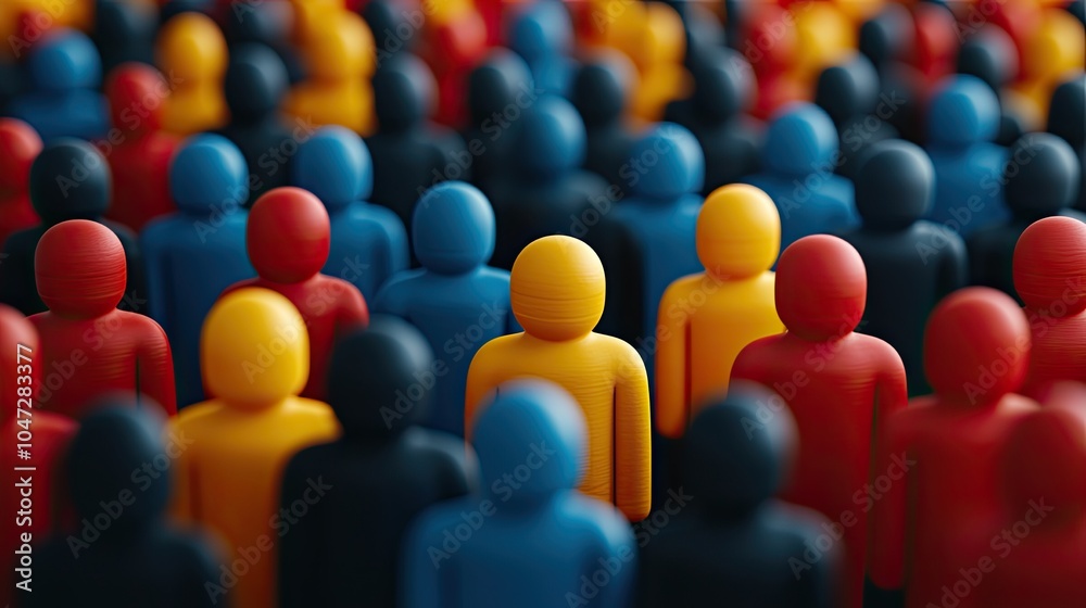Obraz premium A colorful crowd of small figurines representing diversity, with one yellow figure standing out among many red, blue, and black figures in a blurred background.