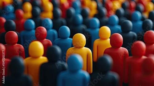 A colorful crowd of small figurines representing diversity, with one yellow figure standing out among many red, blue, and black figures in a blurred background.