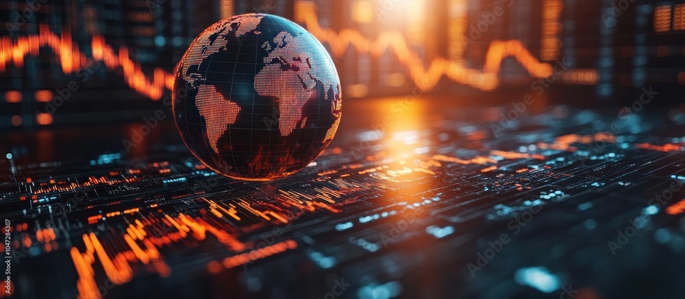 A digital representation of the Earth overlaid with data trends and technology elements. A digital representation of the Earth overlaid with data trends and technology elements.