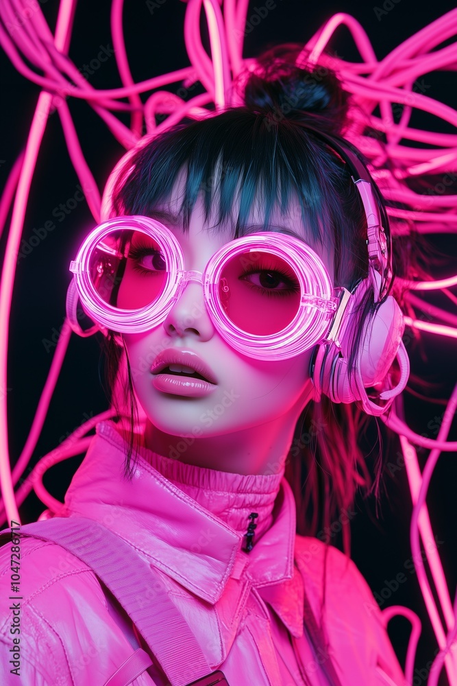 Close-up girl with huge sunglasses in a pink outfit with a pink cables in background